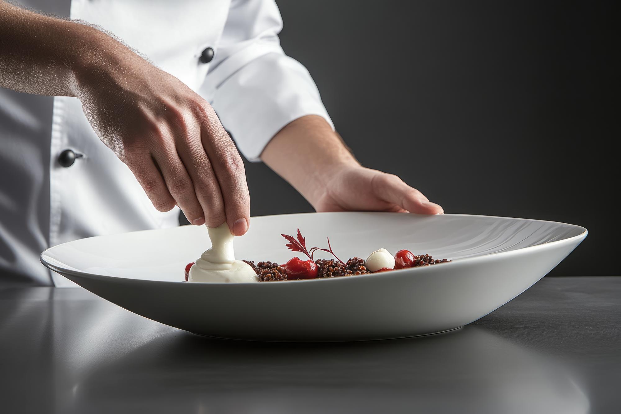 Chef arranging a plated dish in a calm studio
